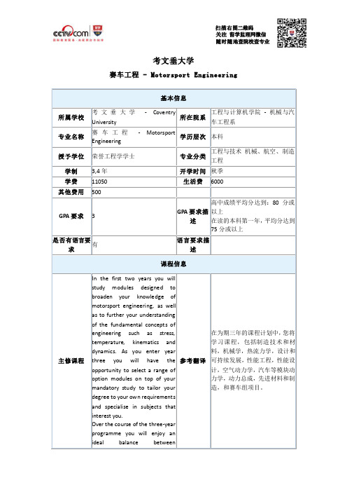 考文垂大学赛车工程本科申请要求