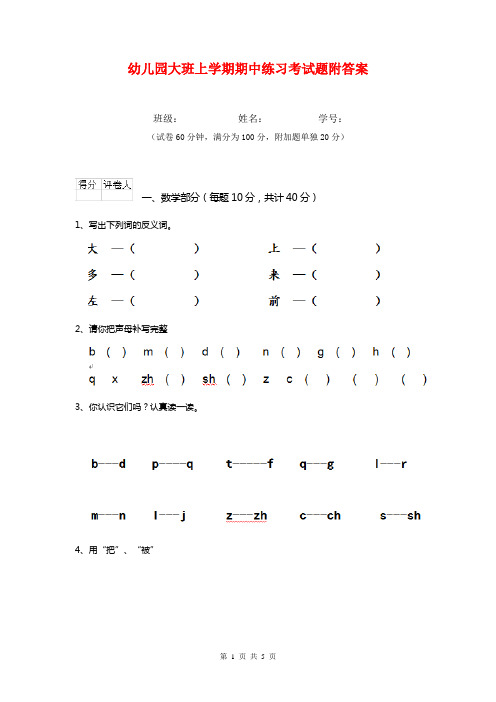 幼儿园大班上学期期中练习考试题附答案