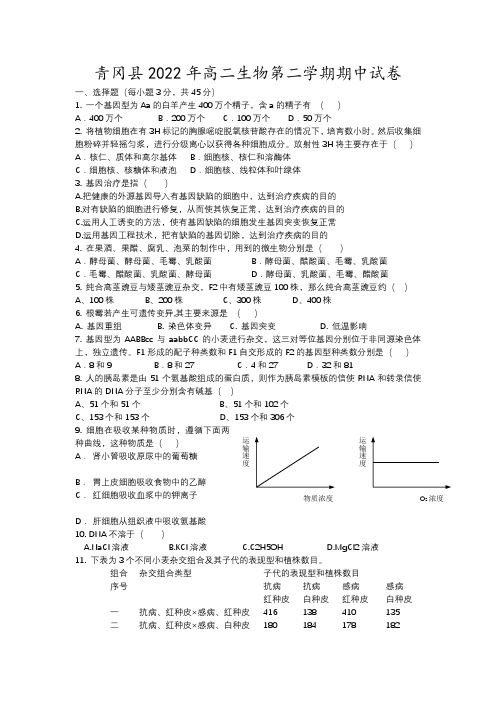 青冈县年高二生物第二学期期中试卷