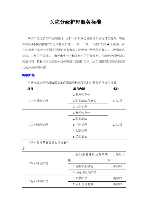 医院分级护理服务标准