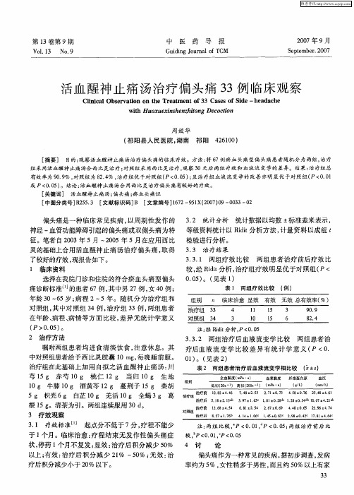 活血醒神止痛汤治疗偏头痛33例临床观察