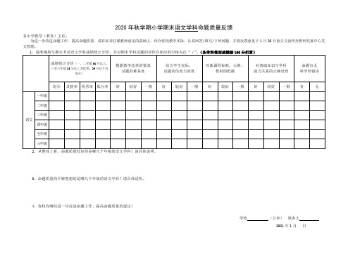 小学试卷命题质量反馈表