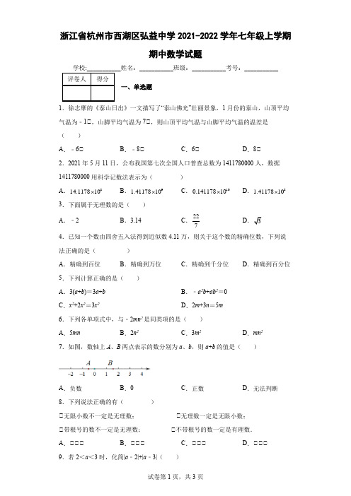 浙江省杭州市西湖区弘益中学2021-2022学年七年级上学期期中数学试题