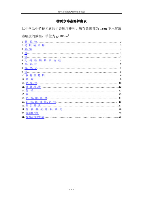 溶解度表大全-无机盐-有机物