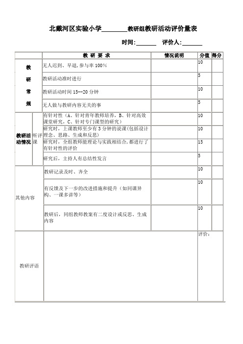 实验小学教研活动评价量表