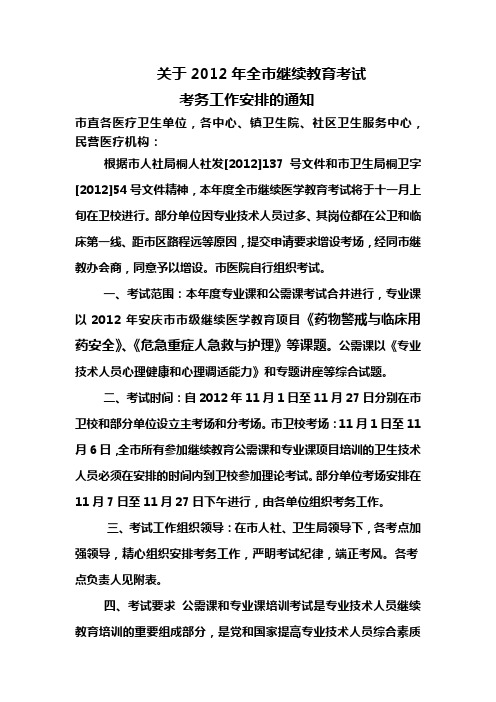 2012年继续医学教育考试考务安排的通知