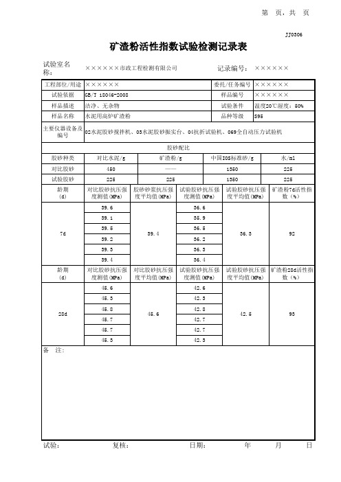 矿渣粉活性指数试验记录表