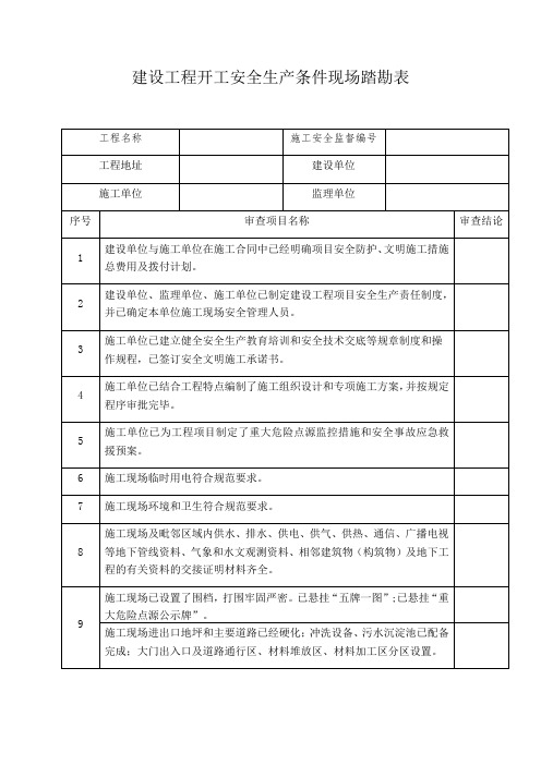 建设工程开工安全生产条件现场踏勘表