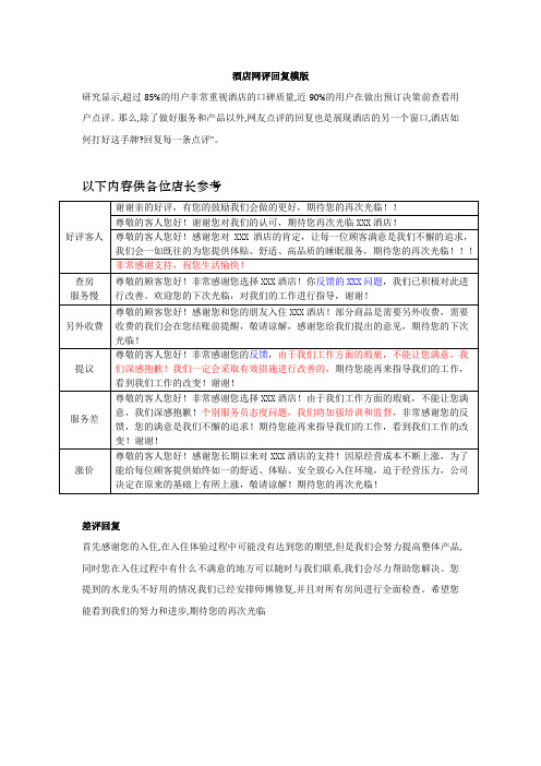 酒店网评点评回复模版