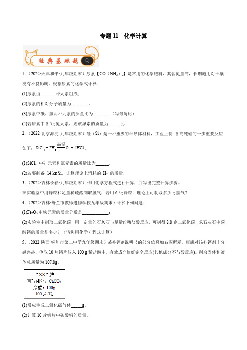 专题11化学计算-2022-2023学年九年级化学上学期期末考试真题汇编(原卷版)