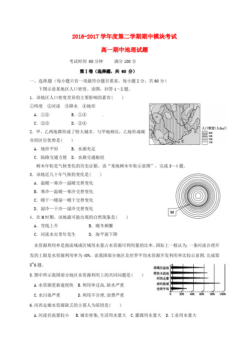 山东省济南市高一地理下学期期中试题(1)