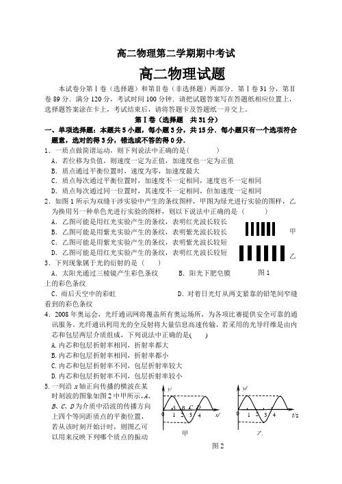 高二物理第二学期期中考试(附答案)