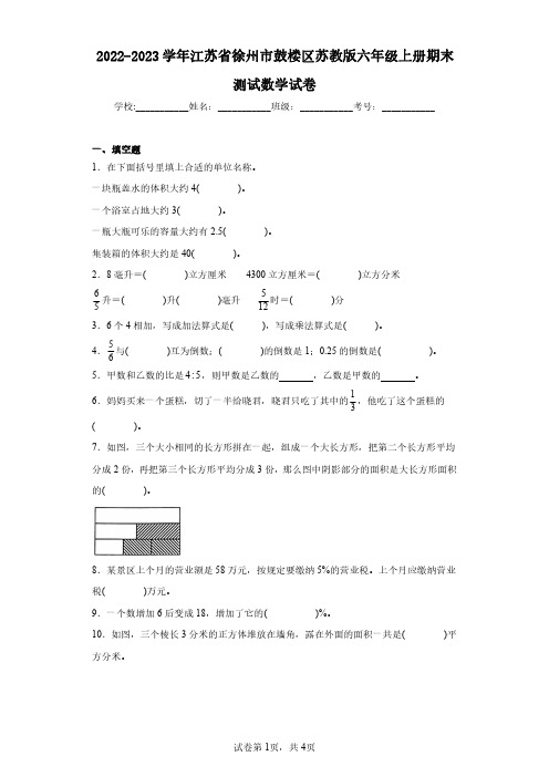 2022-2023学年江苏省徐州市鼓楼区苏教版六年级上册期末测试数学试卷(含答案解析)