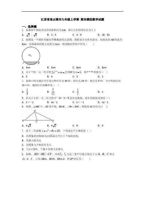 江苏省连云港市九年级上学期 期末模拟数学试题