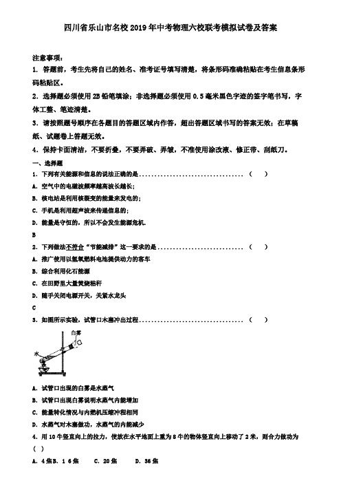 四川省乐山市名校2019年中考物理六校联考模拟试卷及答案