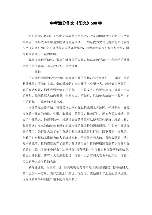 中考满分作文《阳光》500字