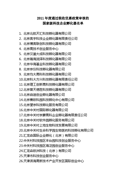 国家级孵化器名单