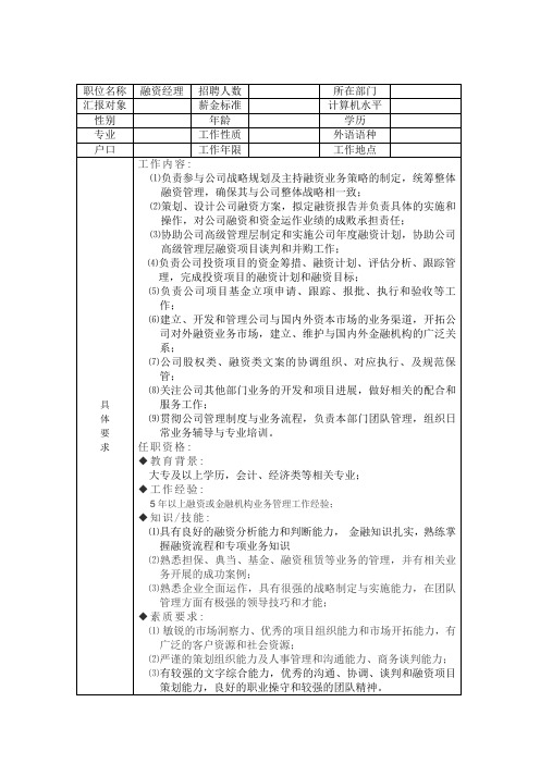 融资经理职位说明书