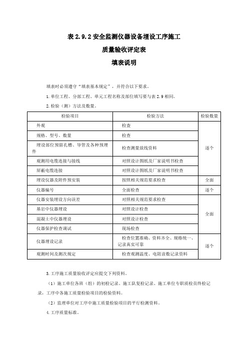 安全监测仪器设备埋设工序施工质量验收评定表