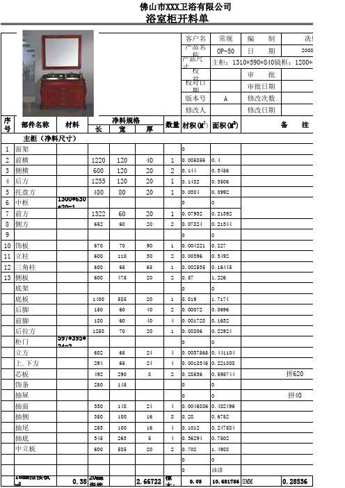 实木浴室柜家具成本核算表