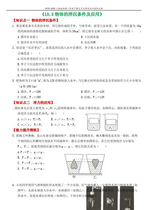 2019_2020学年八年级物理下册10.3物体的沉浮条件及应用尖子生特优培训创新试题新版新人教版2