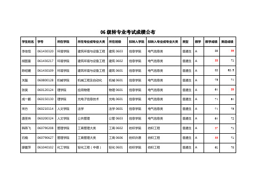 06级东华大学 转专业考试成绩 学生信息表格模版