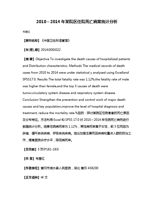 2010～2014年某院区住院死亡病案统计分析