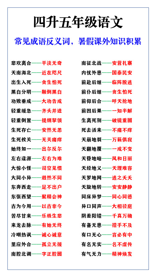 四升五年级语文常见成语反义词,暑假课外知识积累