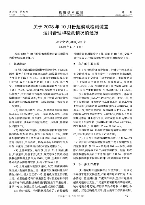 关于2008年10月份超偏载检测装置运用管理和检测情况的通报