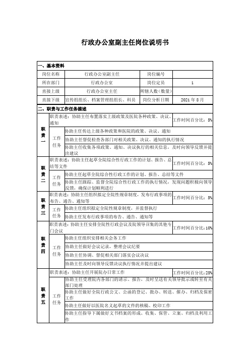 行政办公室副主任岗位说明书