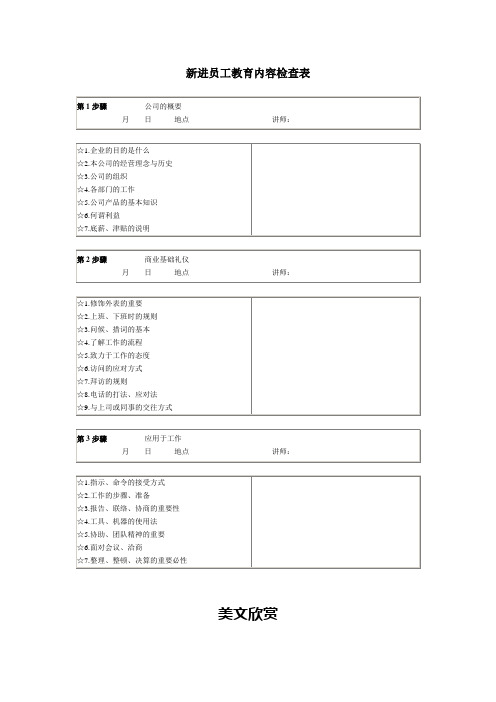 新进人员培训--新进员工教育内容检查表.doc