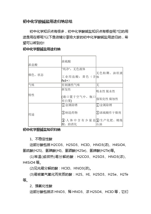 初中化学酸碱盐用途归纳总结