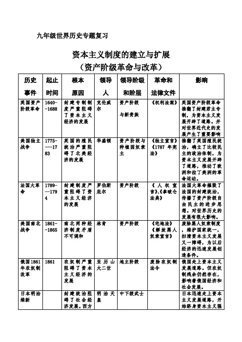 九年级世界历史专题复习  资本主义制度的建立与扩展