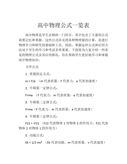 高中物理公式一览表