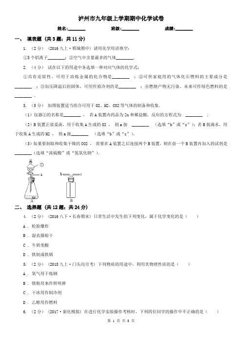 泸州市九年级上学期期中化学试卷