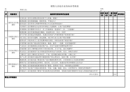 销售人员综合业务知识考核表