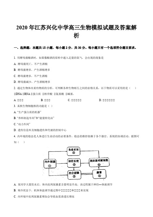 2020年江苏兴化中学高三生物模拟试题及答案解析