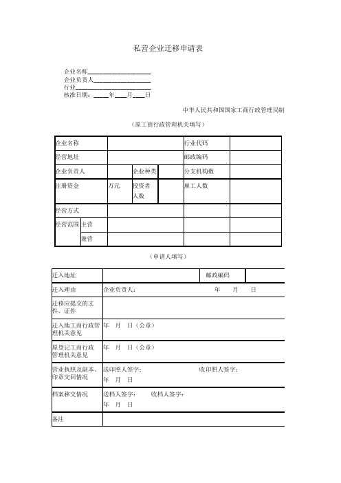 私营企业迁移申请表