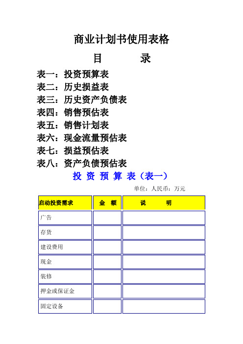 商业计划书使用表格