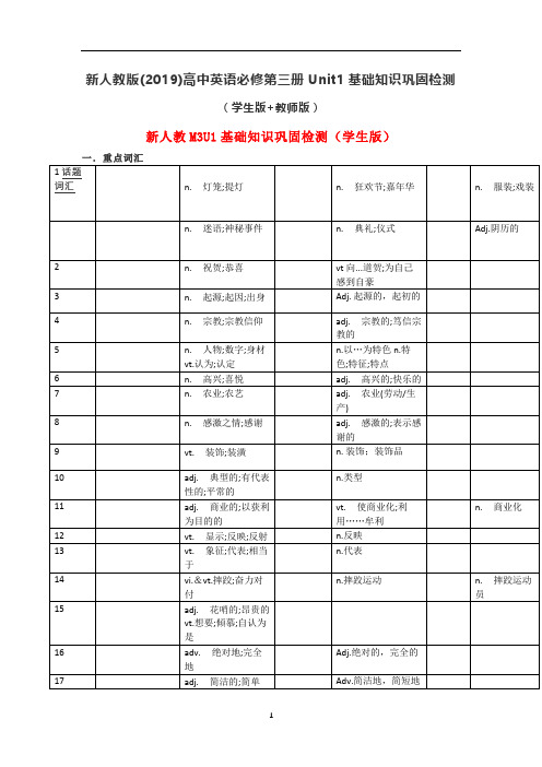 新人教版高中英语必修第三册Unit1基础知识巩固检测(学生版+教师版)