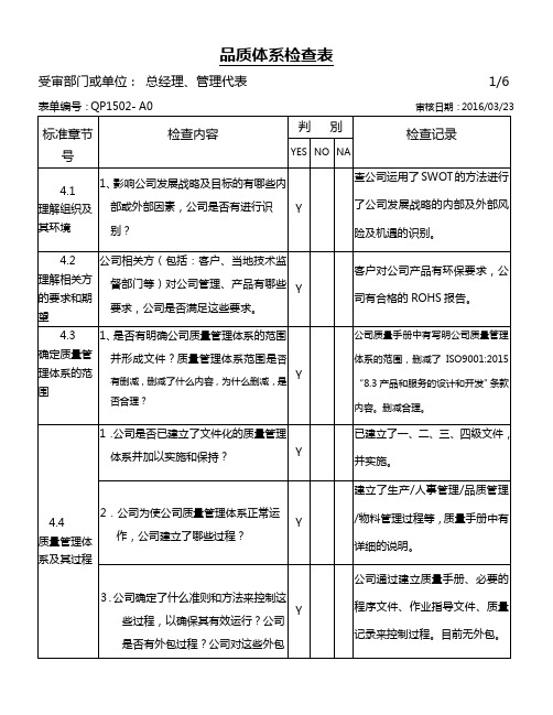 1SO9001-2015 总经理管理代表内审检查表 ( 含审核记录 )