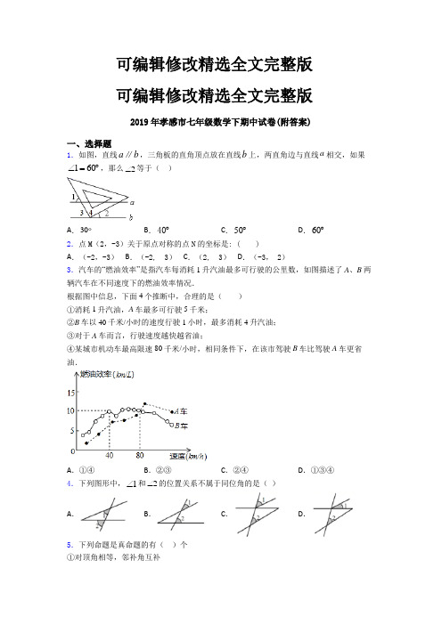 2019年孝感市七年级数学下期中试卷(附答案)精选全文完整版