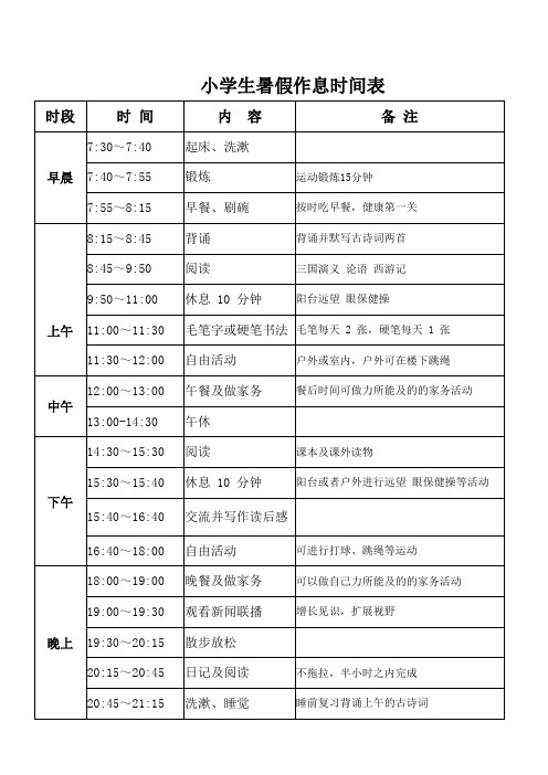 小学生暑假作息时间表(A4纸一张可直接编辑打印)