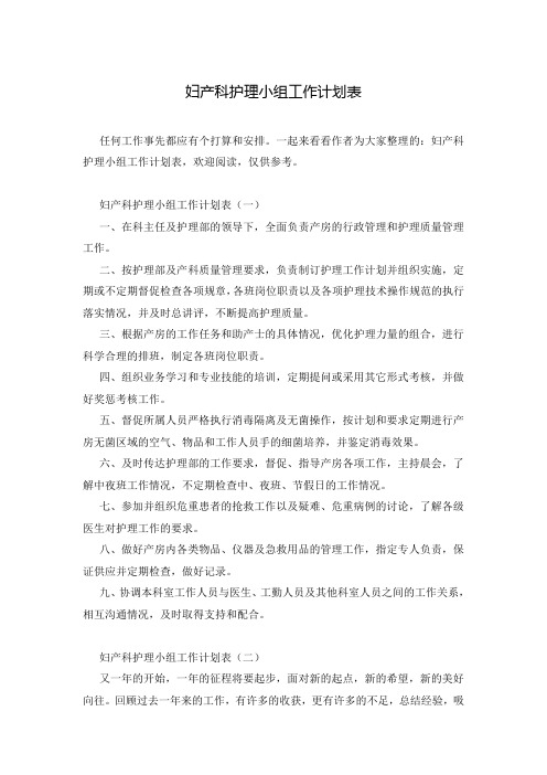 妇产科护理小组工作计划表