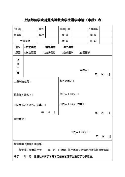上饶师范学院学生退学申请(审批)表