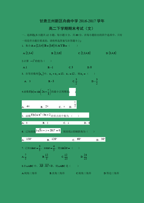 数学---甘肃兰州新区舟曲中学2016-2017学年高二下学期期末考试(文)