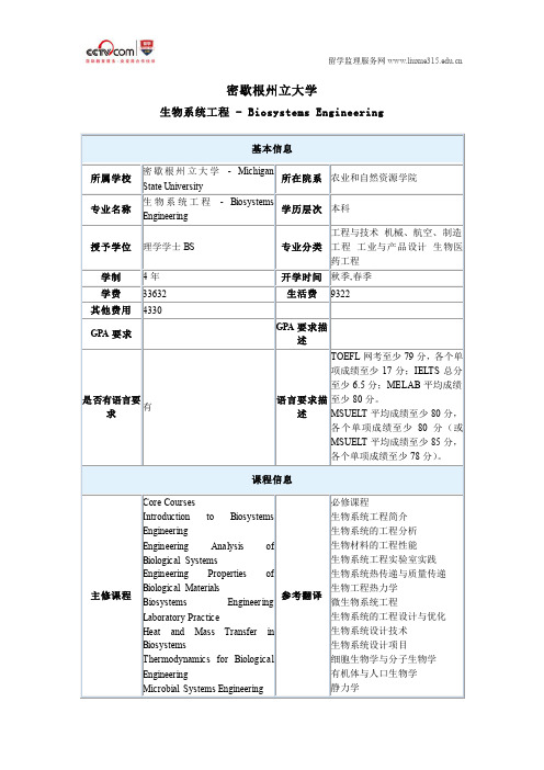 密歇根州立大学生物系统工程专业本科