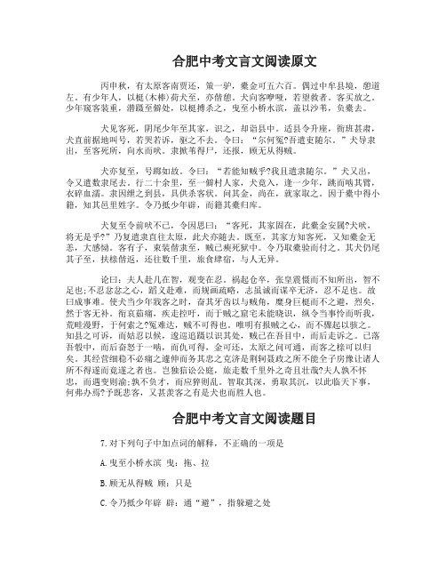 合肥中考文言文阅读例题及答案