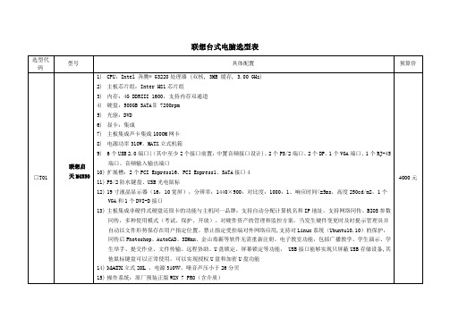 联想台式电脑选型表