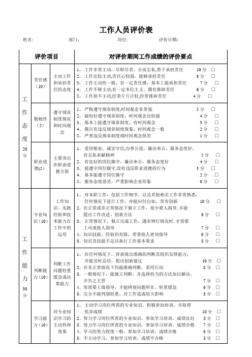 工作人员评价表【范本模板】